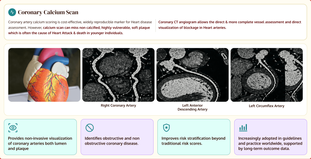 Coronary CT imaging — calcium scan comparison and artery visualization benefits